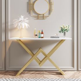 47.2" Narrow Rectangle White Console Table with Wooden Top and Gold Metal Base