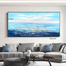 Handmade Serene Seascape A Light Blue Oil Painting of a Sailboat on the Ocean Living Room hallway bedroom luxurious decorative painting (size: 60X120cm)